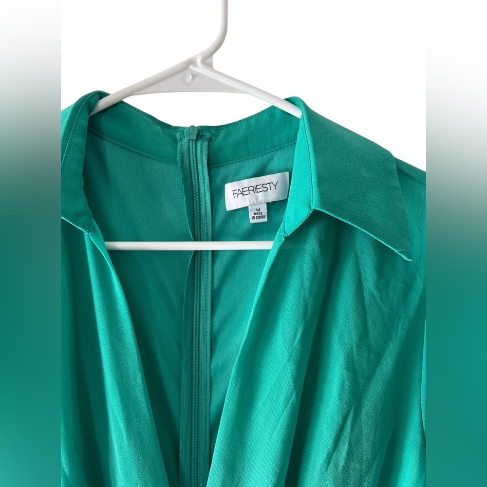 Faeriesty Green deep v neck wide leg jumpsuit - Picture 2 of 6